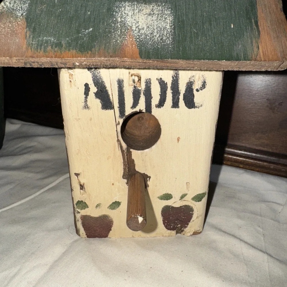 Decorative Wooden Bird House Green Color Features Squares Colors, Apple On Top‎